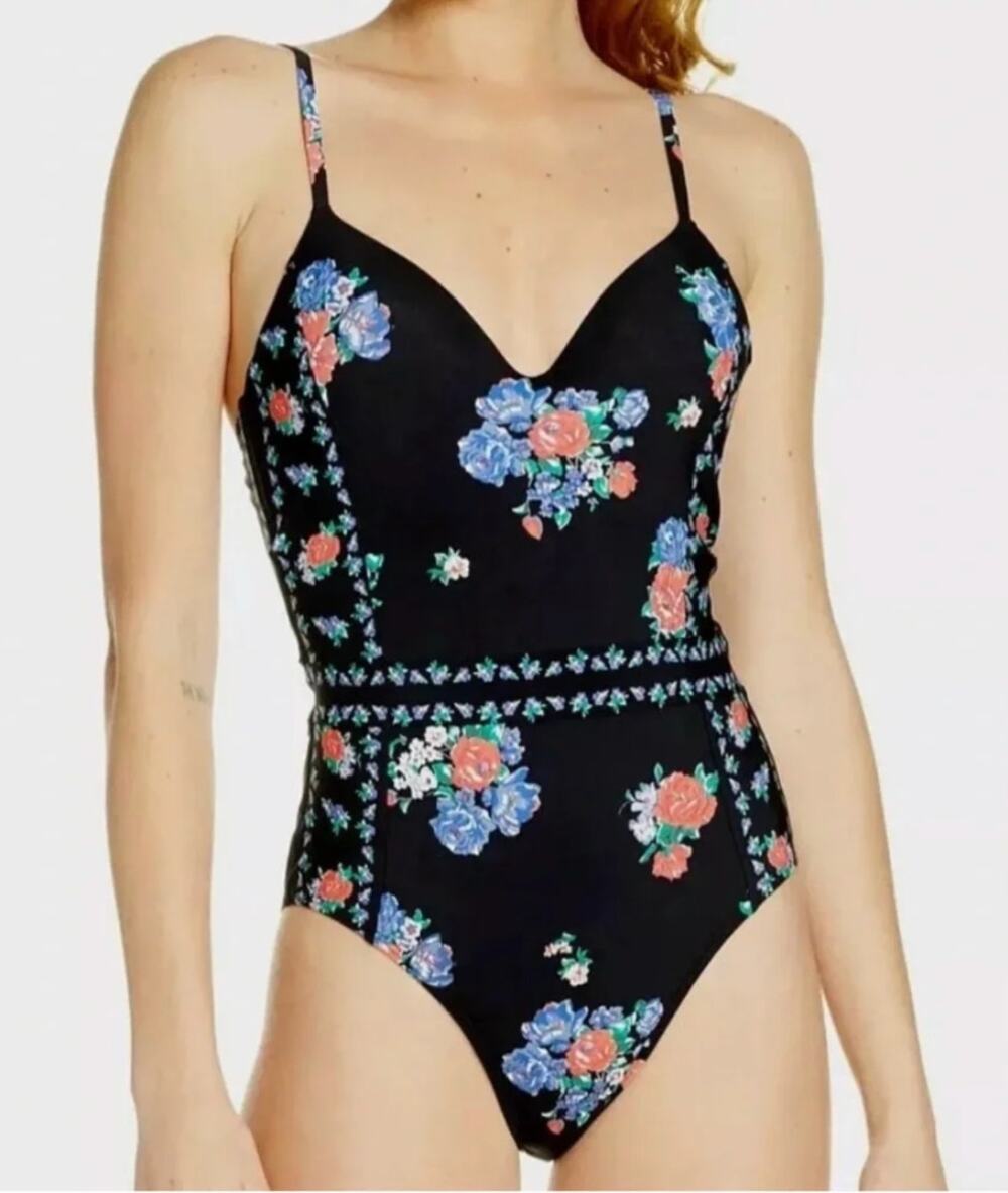 TORY BURCH Tea Rose Heirloom Stripe Floral One Piece Swimsuit L NWT